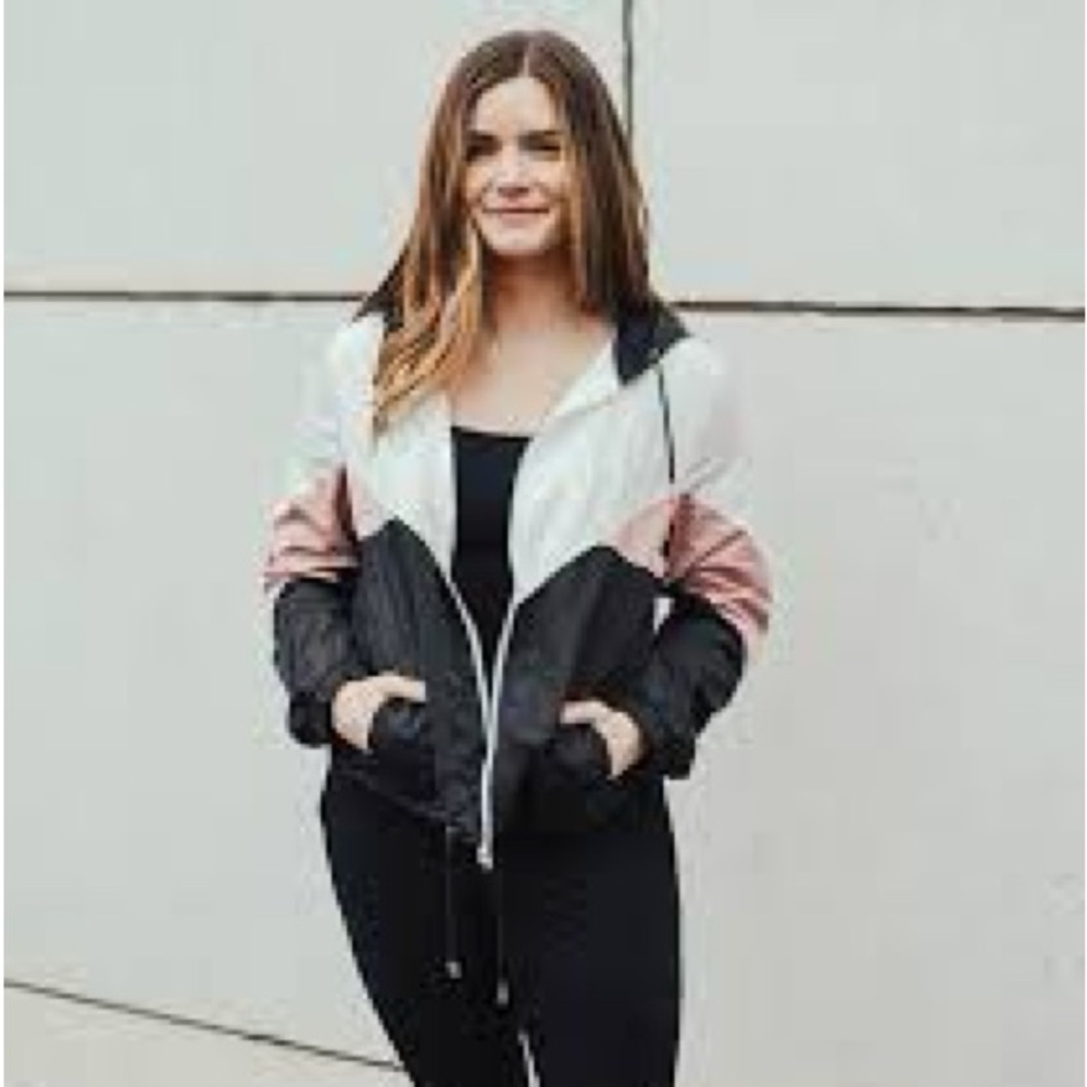 Love Tree Color block Full Zip Windbreaker Jacket Black, White & Pink Small